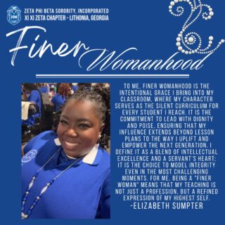 Modeling the "Silent Curriculum." 🍎 Soror Elizabeth Sumpter defines Finer Womanhood through the intentional grace she brings to her classroom. To her, being a Finer Woman means teaching is more than a profession; it is a refined expression of her highest self, blending intellectual excellence with a servant’s heart. 💙📘 #FinerWomanhood #ZetaPhiBeta #EducatorZetas #XiXiZeta