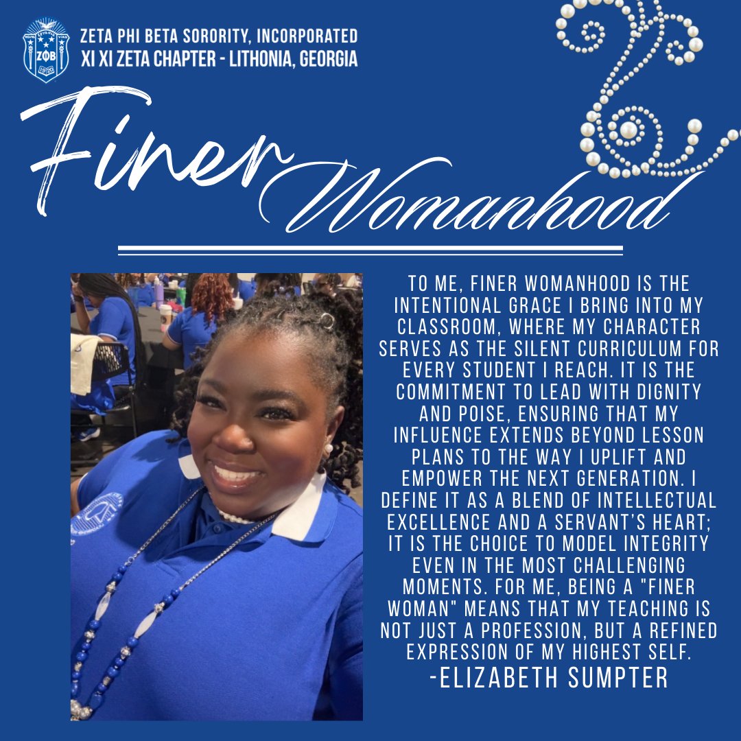 Modeling the "Silent Curriculum." 🍎 Soror Elizabeth Sumpter defines Finer Womanhood through the intentional grace she brings to her classroom. To her, being a Finer Woman means teaching is more than a profession; it is a refined expression of her highest self, blending intellectual excellence with a servant’s heart. 💙📘 #FinerWomanhood #ZetaPhiBeta #EducatorZetas #XiXiZeta