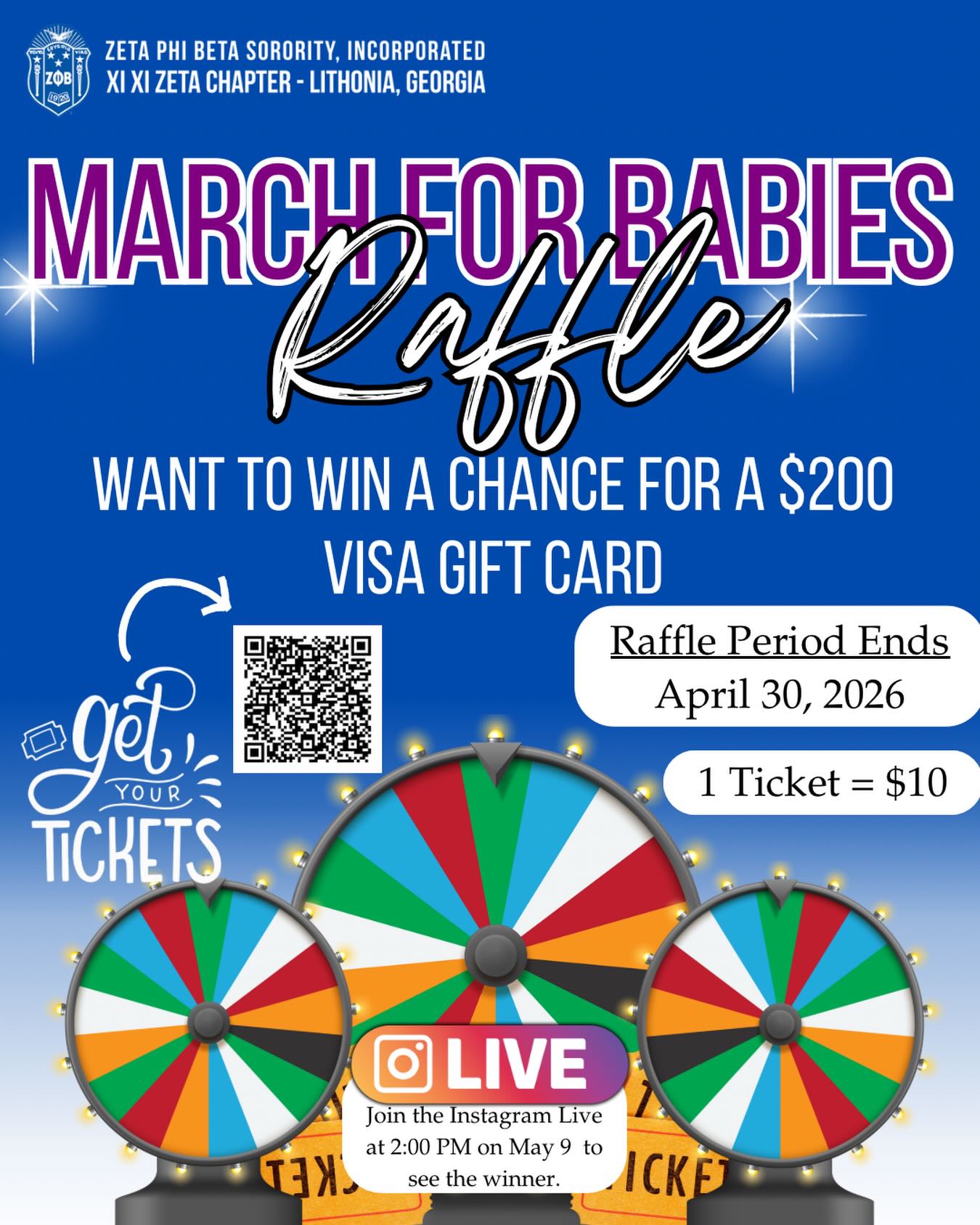 Ready to win big for a great cause? 👣💙 💜

The Xi Xi Zeta Chapter of Zeta Phi Beta Sorority, Inc. is hosting a March for Babies Raffle, and you don’t want to miss out!
We are raffling off a $200 Visa Gift Card, and your participation helps support the incredible work of March for Babies.

🎟️ The Details:
 * Cost: 1 Ticket for $10
 * Deadline: Raffle period ends April 30, 2026
 * How to Enter: Scan the QR code in the flyer to get your tickets today!

📺 Watch Us Live:
Mark your calendars! We will be announcing the lucky winner on Instagram Live on May 9 at 2:00 PM. Tune in to see if you’re our big winner!

Let’s come together to make a difference. Every ticket counts! 🕊️✨
#ZetaPhiBeta #XiXiZeta #MarchForBabies #Raffle #LithoniaZetas