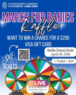 Ready to win big for a great cause? ๐ฃ๐ ๐
The Xi Xi Zeta Chapter of Zeta Phi Beta Sorority, Inc. is hosting a March for Babies Raffle, and you donโt want to miss out!
We are raffling off a $200 Visa Gift Card, and your participation helps support the incredible work of March for Babies.
๐๏ธ The Details:
* Cost: 1 Ticket for $10
* Deadline: Raffle period ends April 30, 2026
* How to Enter: Scan the QR code in the flyer to get your tickets today!
๐บ Watch Us Live:
Mark your calendars! We will be announcing the lucky winner on Instagram Live on May 9 at 2:00 PM. Tune in to see if youโre our big winner!
Letโs come together to make a difference. Every ticket counts! ๐๏ธโจ
#ZetaPhiBeta #XiXiZeta #MarchForBabies #Raffle #LithoniaZetas
