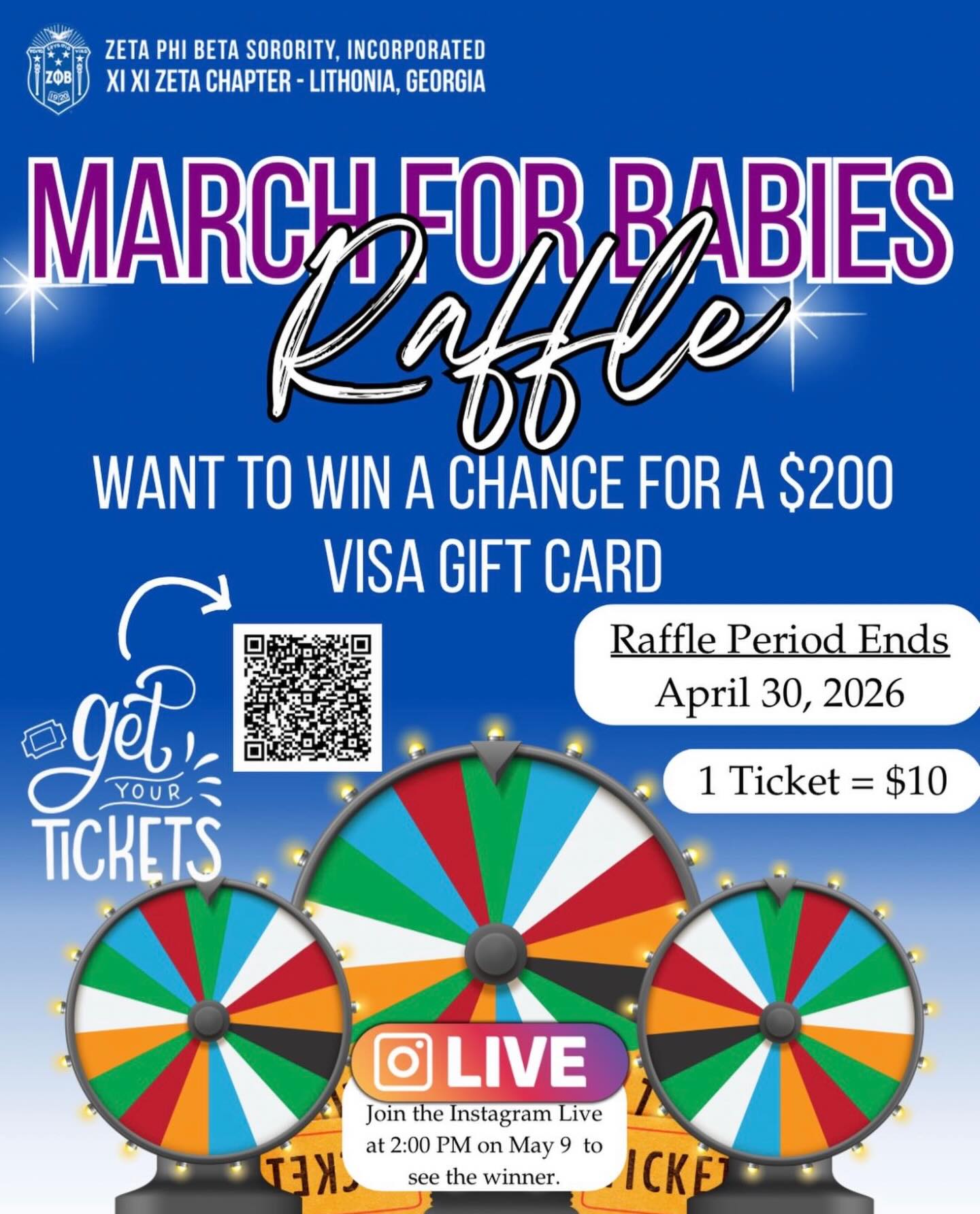 Ready to win big for a great cause? 👣💙 💜

The Xi Xi Zeta Chapter of Zeta Phi Beta Sorority, Inc. is hosting a March for Babies Raffle, and you don’t want to miss out!
We are raffling off a $200 Visa Gift Card, and your participation helps support the incredible work of March for Babies.

🎟️ The Details:
 * Cost: 1 Ticket for $10
 * Deadline: Raffle period ends April 30, 2026
 * How to Enter: Scan the QR code in the flyer to get your tickets today!

📺 Watch Us Live:
Mark your calendars! We will be announcing the lucky winner on Instagram Live on May 9 at 2:00 PM. Tune in to see if you’re our big winner!

Let’s come together to make a difference. Every ticket counts! 🕊️✨
#ZetaPhiBeta #XiXiZeta #MarchForBabies #Raffle #LithoniaZetas