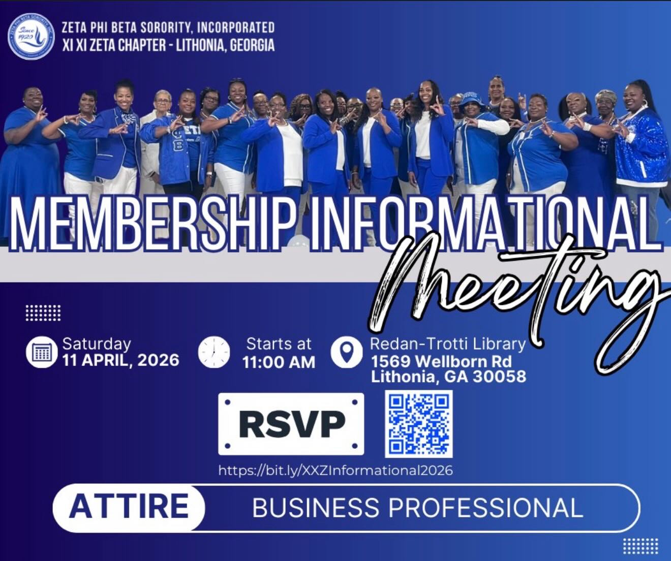 Service is at the heart of everything we do. 💙

If you’ve been looking for a way to give back while surrounded by a supportive sisterhood of professional women, this is your sign. Come learn about the history of Zeta Phi Beta Sorority, Inc. and the local impact of the Xi Xi Zeta Chapter.

Event Details:

⏰When: April 11, 2026 | 11:00 AM
📍Where: 1569 Wellborn Rd, Lithonia, GA
👗Dress Code: Business Professional

📝Don’t forget to RSVP via the link in our bio! See you there!