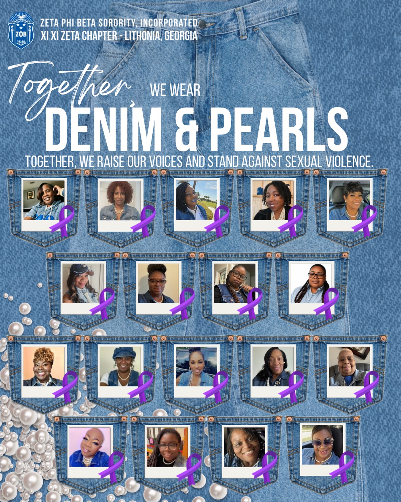 Denim and Pearls Day is a symbol of protest against erroneous and destructive attitudes about sexual assault. We aim to educate others about the forms of sexual violence and stand in solidarity with sexual assault survivors and victims.

#zphib1920
#zphibstandsagainstsexualassault
#endsexualassault
#xixizeta 
@zphibga @zphibinc1920