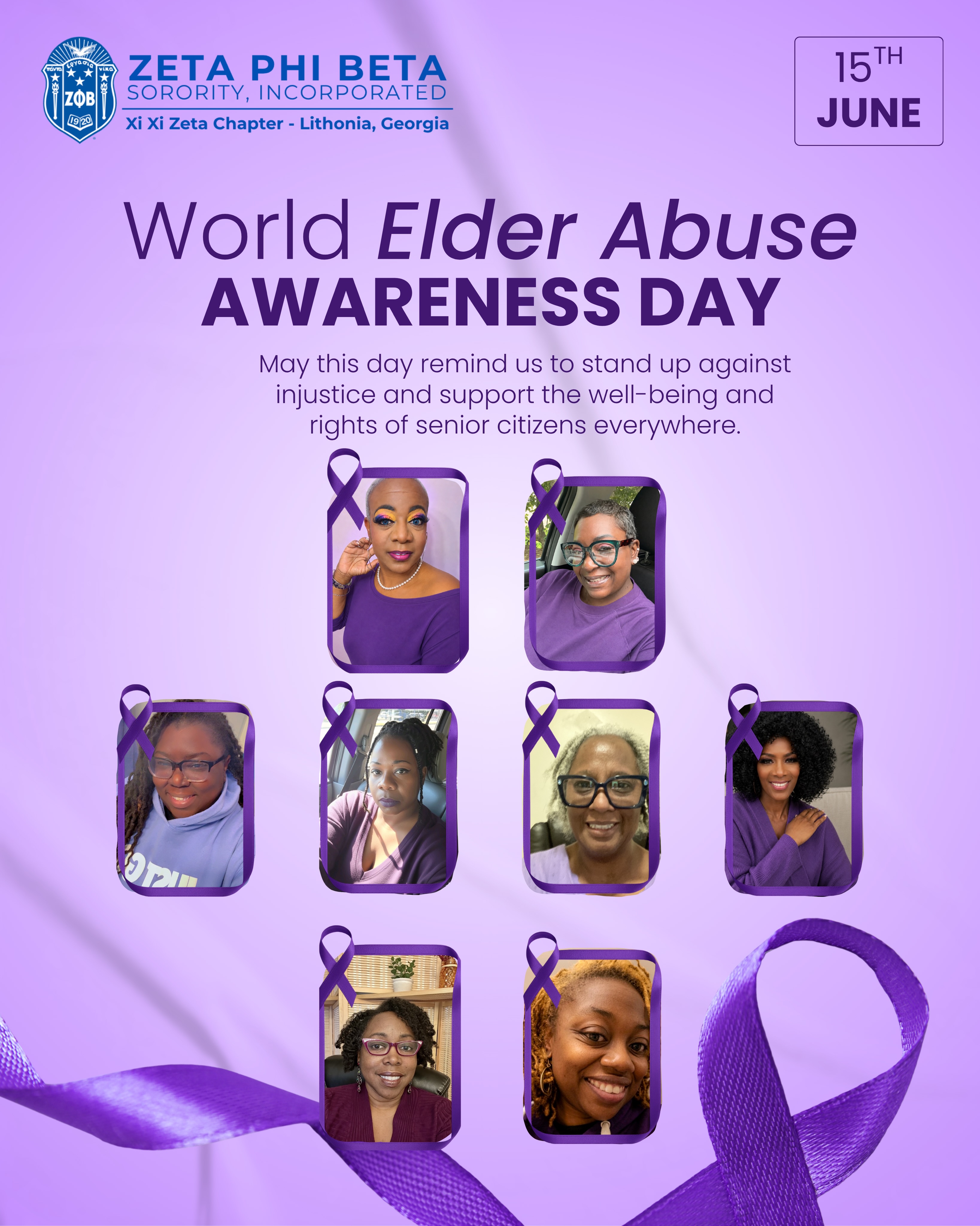 Today, on World Elder Abuse Awareness Day, we stand united in raising awareness, advocating for dignity, and protecting the rights of older adults in our communities.
Every senior deserves to age with respect, safety, and compassion. Let us be the voices that speak out against abuse, neglect, and exploitation while uplifting those who paved the way before us.
Xi Xi Zeta Chapter of Zeta Phi Beta Sorority, Incorporated remains committed to service, advocacy, and education that strengthens our communities and honors our elders.
💜 Wear purple. Speak up. Stay informed. Make a difference.
#WorldElderAbuseAwarenessDay #WEAAD #ElderJustice #ProtectOurSeniors @zphibga @zphibinc1920