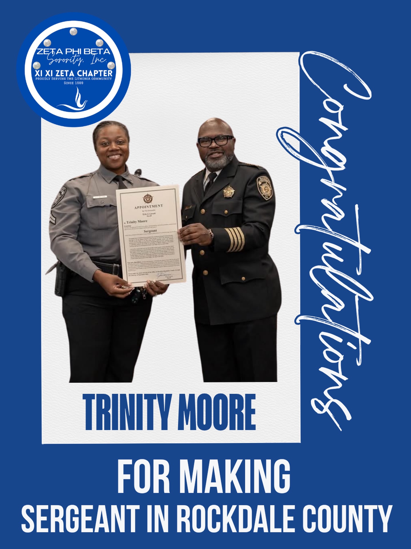 πποΈ Congratulations, Soror Trinity Moore! ποΈπ
Zeta Phi Beta Sorority, Incorporated β Xi Xi Zeta Chapter proudly congratulates Soror Trinity Moore on her promotion to Sergeant with the Rockdale County Sheriffβs Office! ππΎπ
Your dedication, leadership, and commitment to serving your community exemplify the spirit of Service and Finer Womanhood. We are proud to celebrate this well-deserved professional milestone with you!
Continue to lead, serve, and make an impact, Sergeant Moore! ππ€
#ZetaPhiBeta #XiXiZeta #FinerWomanhood #ZetasInService #CongratulationsSoror