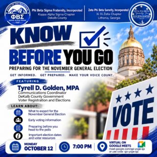 π³οΈπ KNOW BEFORE YOU GO! ππ³οΈ
Your vote is your voice, and being informed is the first step toward making it count!
Join Zeta Phi Beta Sorority, Incorporated β Xi Xi Zeta Chapter and Phi Beta Sigma Fraternity, Incorporated β Kappa Alpha Sigma Chapter for an informative virtual session as we prepare for the November General Election!
π€ Featured Speaker:
Tyrell D. Golden, MPA
Communications Coordinator
DeKalb County Government β Voter Registration and Elections
π
Monday, October 12, 2026
β° 7:00 PM
π» Virtual via Google Meet
π https://meet.google.com/qpi-yoge-sjx
π Meeting Code: qpi-yoge-sjx
β
What to expect during the November General Election
β
Early voting information
β
How to prepare before heading to the polls
β
Important election dates and voter resources
Whether youβre a first-time voter or a seasoned voter, this conversation is for YOU!
π Get informed. Get prepared. Make your voice count!
π² Share this post, invite a friend, and join us as we prepare to exercise our right to vote!
#KnowBeforeYouGo #ZetaPhiBeta #PhiBetaSigma #VoterEducation #YourVoteMatters