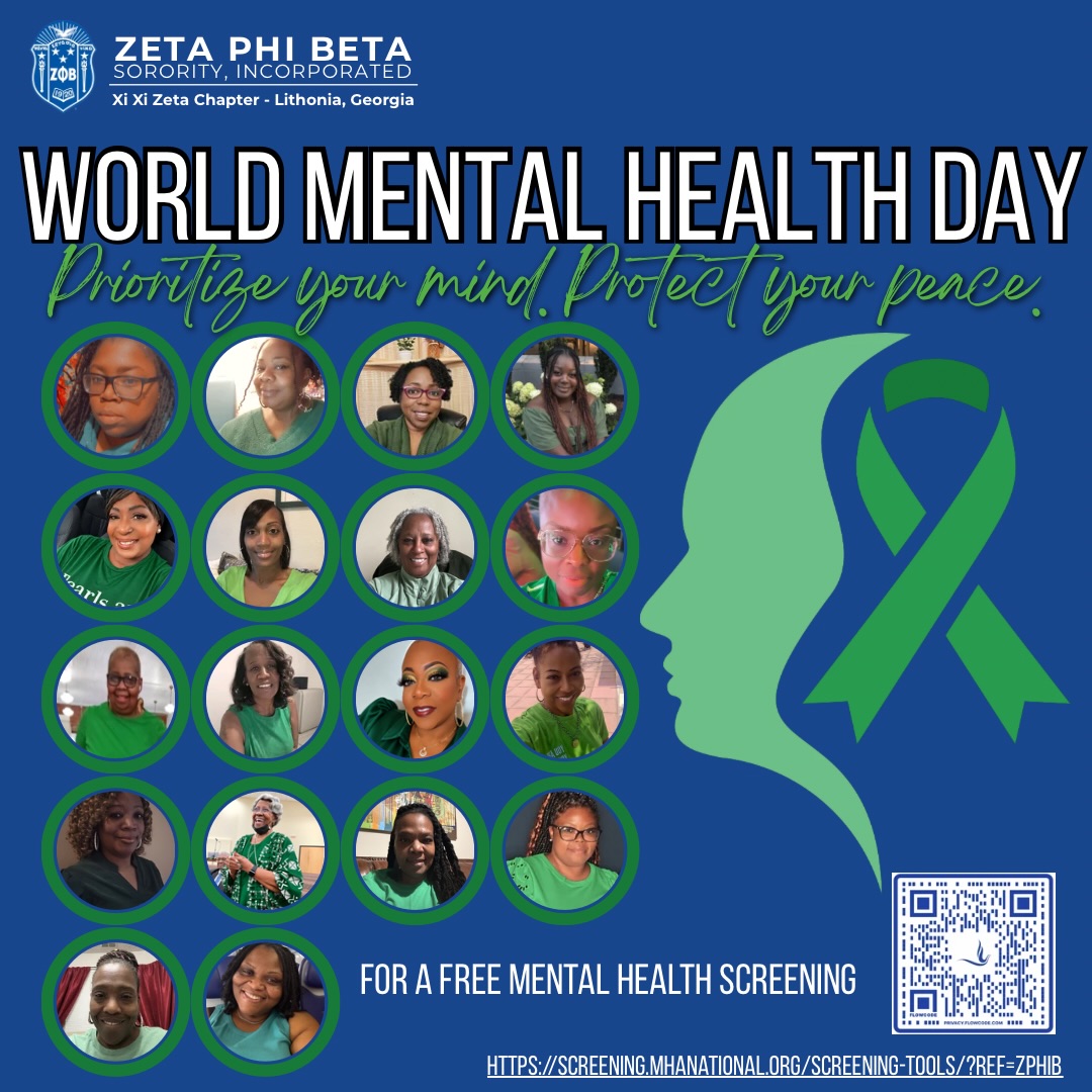 ππ Your Mental Health Matters! ππ
Today, on World Mental Health Day, the Sorors of Zeta Phi Beta Sorority, Incorporated β Xi Xi Zeta Chapter stand together to remind our community that prioritizing your mental health is an act of strength, self-love, and courage. π
β¨ Itβs okay to take a break.
β¨ Itβs okay to set boundaries.
β¨ Itβs okay to ask for help.
β¨ Itβs okay to choose YOU!
Mental health is just as important as physical health. As we continue our commitment to Service, Scholarship, Sisterhood, and Finer Womanhood, we encourage everyone to check in on themselves, support one another, and help break the stigma surrounding mental health.
π Prioritize Your Mind. Protect Your Peace. π
π² Scan the QR code on our flyer to access a FREE mental health screening. Taking that first step could make all the difference!
π With love and service,
Zeta Phi Beta Sorority, Incorporated
Xi Xi Zeta Chapter
Proudly serving the Lithonia and DeKalb community since 1989.
#WorldMentalHealthDay #ZetaPhiBeta #XiXiZeta #MentalHealthMatters #ProtectYourPeace